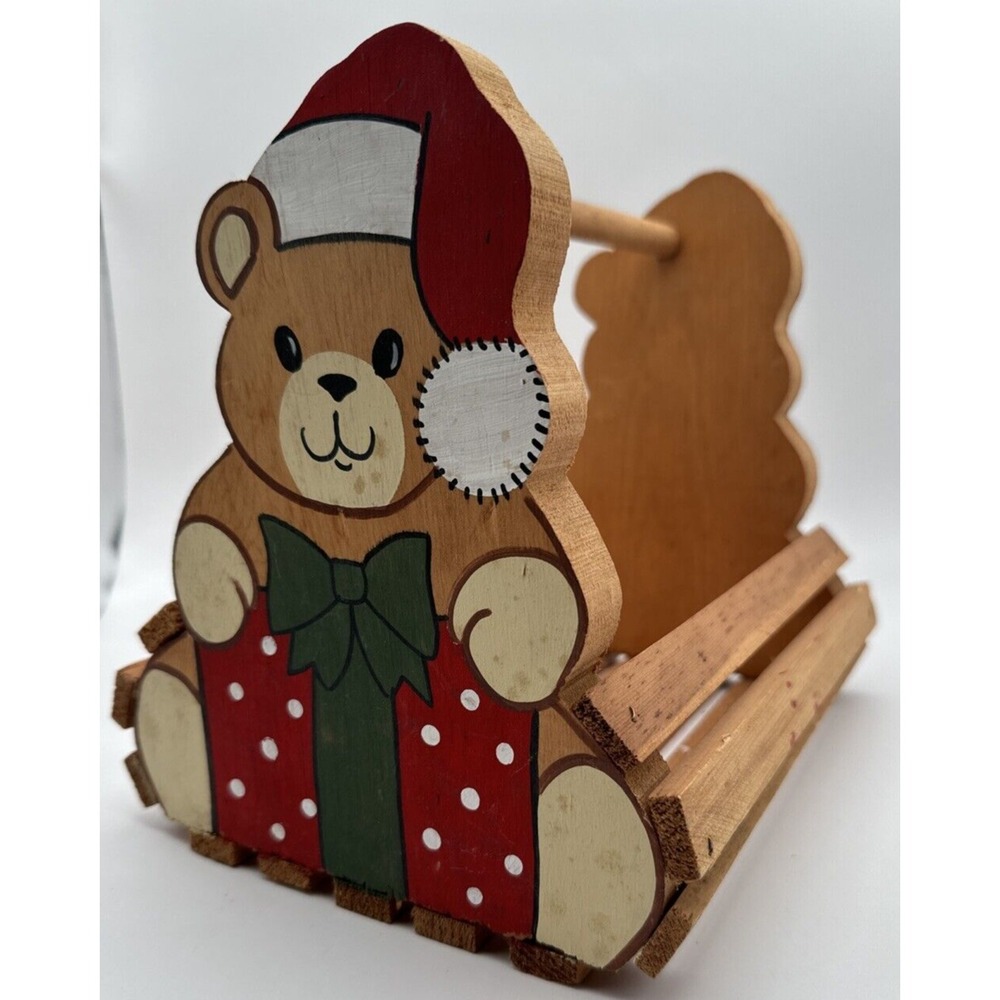 Vintage Sawmill Critters Wood, Hand Painted Christmas Holiday Bear Basket‎